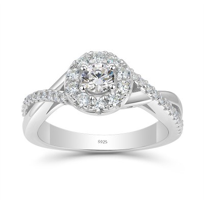 Round Cut White Sapphire 925 Sterling Silver Twisted Halo Engagement Ring