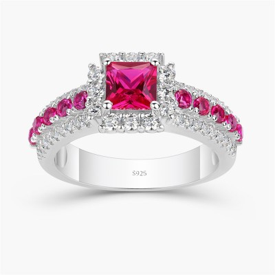 Princess Cut Ruby 925 Sterling Silver Halo Engagement Ring