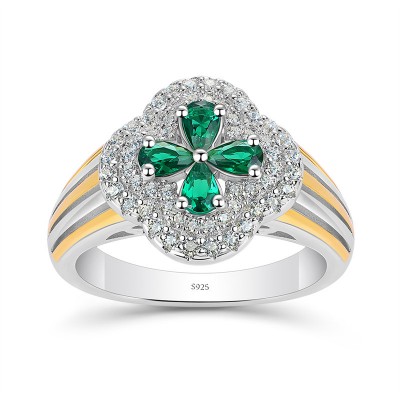 Pear Cut Emerald 925 Sterling Silver Two Tone Clover Engagement Ring