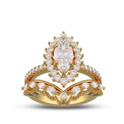 Yellow Gold Marquise Cut White Sapphire 925 Sterling Silver Halo Curved Engagement Ring