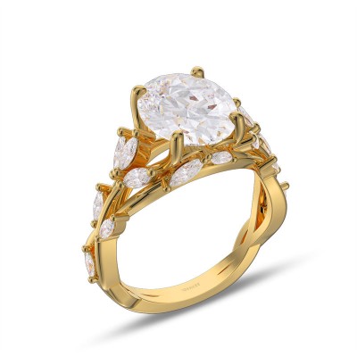 Yellow Gold Oval Cut White Sapphire 925 Sterling Silver Vines Leaf Engagement Ring