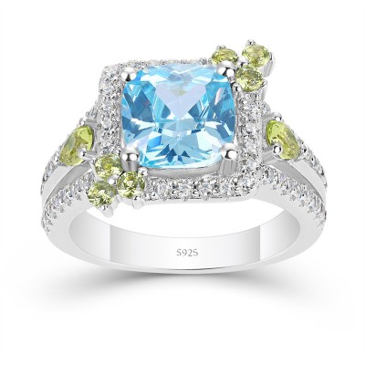 Cushion Cut Aquamarine 925 Sterling Silver Halo Engagement Ring