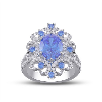 Art Deco Oval Cut Blue Sapphire 925 Sterling Silver Engagement Ring