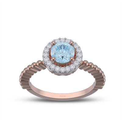 Rose Gold Round Cut Aquamarine 925 Sterling Silver Halo Engagement Ring