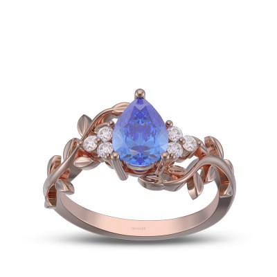 Rose Gold Pear Cut Blue Sapphire 925 Sterling Silver Leaf Engagement Ring