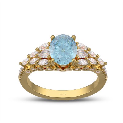 Yellow Gold Oval Cut Aquamarine 925 Sterling Silver Cluster Engagement Ring