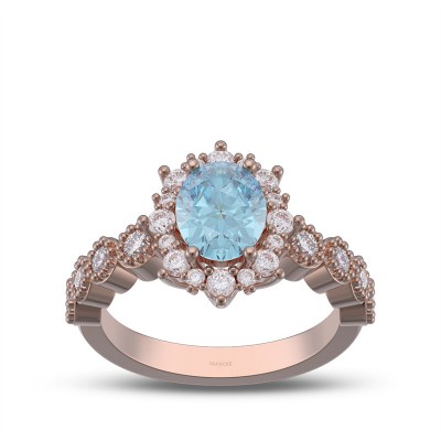 Rose Gold Oval Cut Aquamarine 925 Sterling Silver Halo Engagement Ring