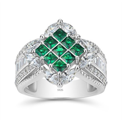 Princess Cut Emerald 925 Sterling Silver Cluster Engagement Ring