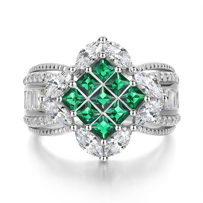 Princess Cut Emerald 925 Sterling Silver Cluster Engagement Ring
