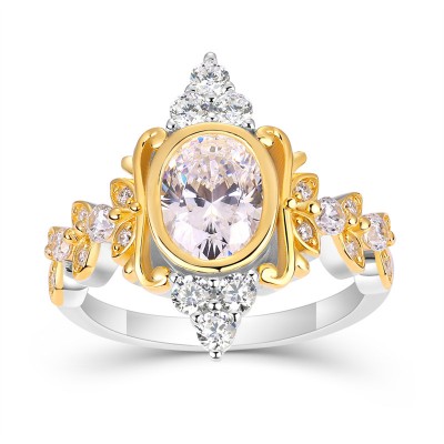 Vintage Oval Cut White Sapphire 925 Sterling Silver Two Tone Bezel Ring