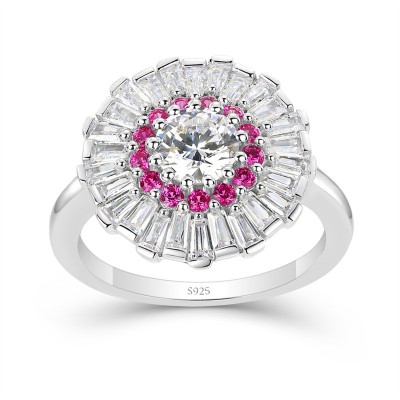 Round & Baguette White Sapphire 925 Sterling Silver Starburst Ring