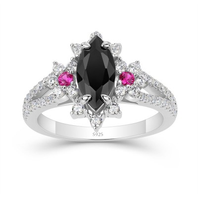 Marquise Cut Black Sapphire 925 Sterling Silver Engagement Ring