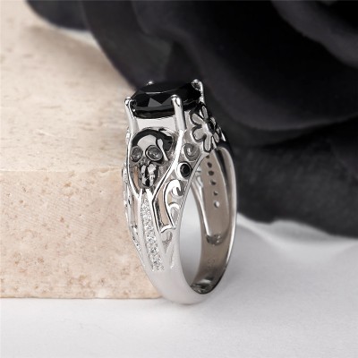 Round Cut Black Sapphire 925 Sterling Silver Skull Ring