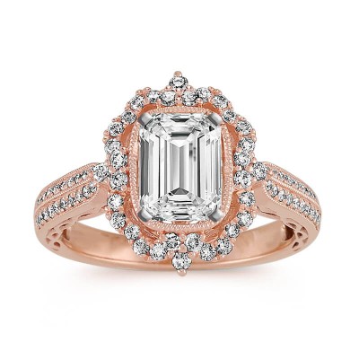 Rose Gold Emerald Cut White Sapphire Sterling 925 Silver Halo Engagement Ring