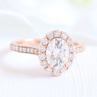 Rose Gold Oval Cut White Sapphire Sterling 925 Silver Classic Halo Engagement Ring