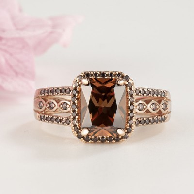 Rose Gold Emerald Cut Chocolate Sterling Silver Halo Engagement Ring 