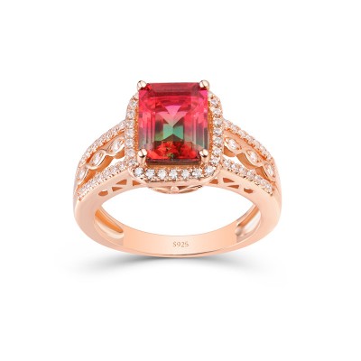 Rose Gold Emerald Cut Watermelon Sterling Silver Halo Engagement Ring 