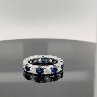 Round Cut Blue & White Sapphire Sterling Silver Eternity Wedding Band