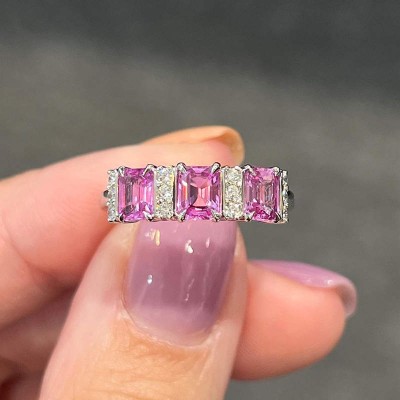 Emerald Cut Pink Sapphire 925 Sterling Silver 3-Stone Women's Band