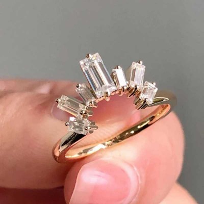 Yellow Gold Emerald Cut White Sapphire 925 Sterling Silver Women's Band