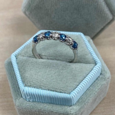 Round Cut Blue Sapphire 925 Sterling Silver Alternating Design Women's Wedding Band