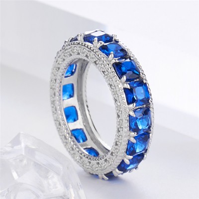 Cushion Cut Blue Sapphire 925 Sterling Silver Women's Wedding Band