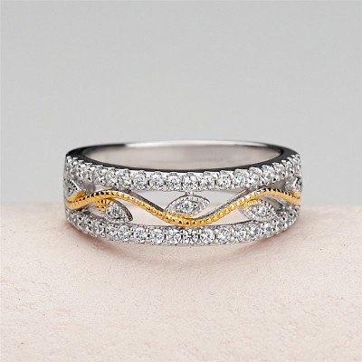 Round Cut White Sapphire 925 Sterling Silver Two-Tone Women's Band