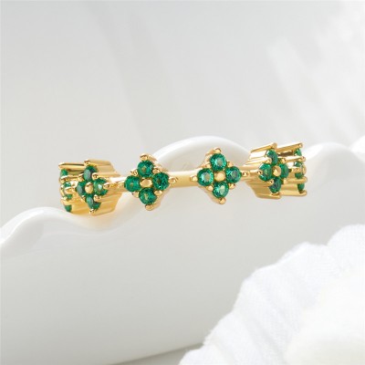 Yellow Gold Round Cut Emerald 925 Sterling Silver Flower Women's Band
