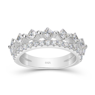 Princess Cut White Sapphire 925 Sterling Silver Double Layer Women's Band