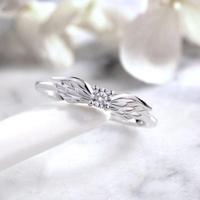 Round Cut White Sapphire 925 Sterling Silver Angel Wings Engagement Ring