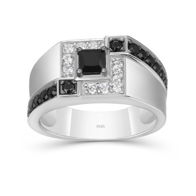 Princess Cut Black Sapphire 925 Sterling Silver Men's Wedding Band