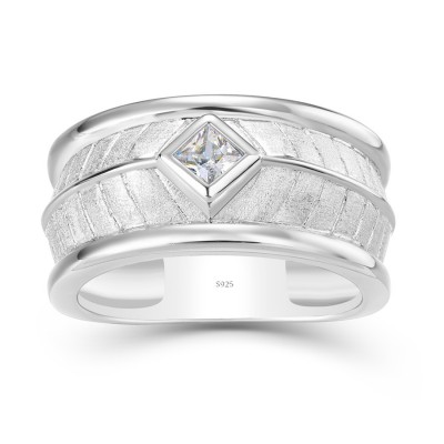 Princess Cut White Sapphire 925 Sterling Silver Men's Wedding Band