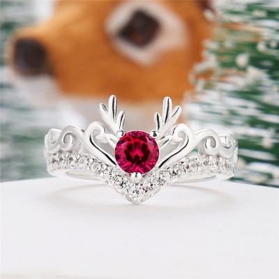 Round Cut Ruby 925 Sterling Silver Deer Antler Engagement Ring