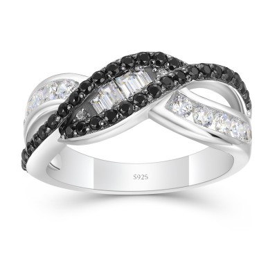 Black and White Sapphire 925 Sterling Silver Twisted Women's Band