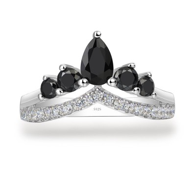 Pear Cut Black Sapphire 925 Sterling Silver Crown Women's Band