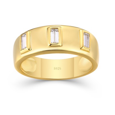 Yellow Gold Emerald Cut White Sapphire 925 Sterling Silver Men's Band