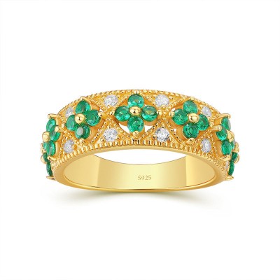 Yellow Gold Emerald 925 Sterling Silver Clover Women's Band