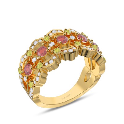 Yellow Gold Round Cut Ruby 925 Sterling Silver Women's Band