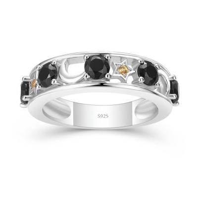 Round Cut Black Sapphire 925 Sterling Silver Moon and Star Women's Band
