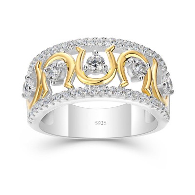 Round Cut White Sapphire 925 Sterling Silver Two Tone Good Luck Horseshoe Women's Band