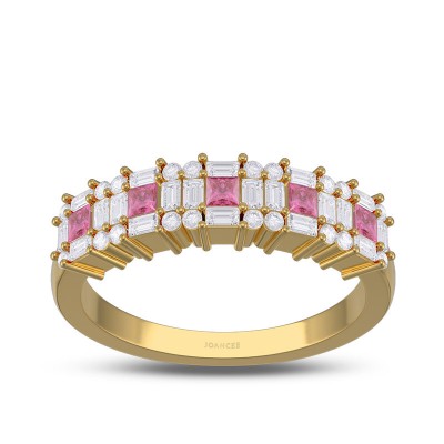 Yellow Gold Princess Cut Pink Sapphire 925 Sterling Silver Five Stone Women's Band