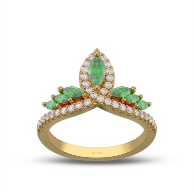 Yellow Gold Marquise Cut Emerald 925 Sterling Silver Crown Women's Band