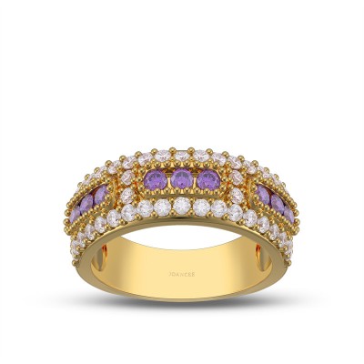 Yellow Gold Round Cut Amethyst 925 Sterling Silver Women's Band