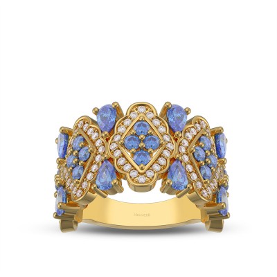 Yellow Gold Art Deco Blue Sapphire 925 Sterling Silver Women's Band