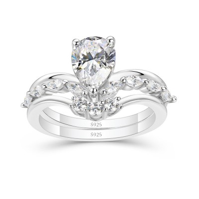 Pear Cut White Sapphire Sterling Silver Curved Bridal Sets