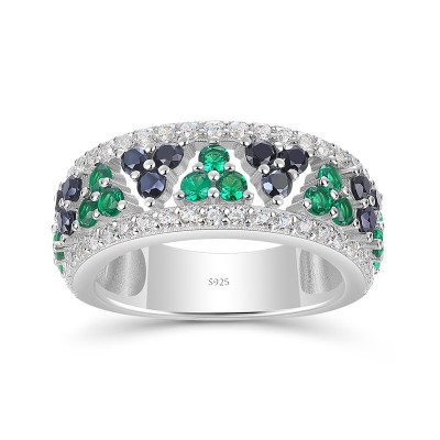 Black Sapphire and Emerald 925 Sterling Silver Women's Band