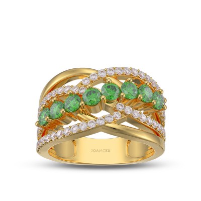 Yellow Gold Round Cut Emerald 925 Sterling Silver Cross Women's Band