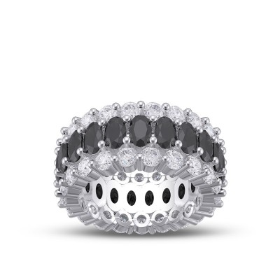 Eternity Oval Cut Black Sapphire Sterling Silver Triple Row Women's Band