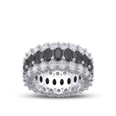 Oval Cut Black Sapphire Sterling Silver Triple Row Women's Band