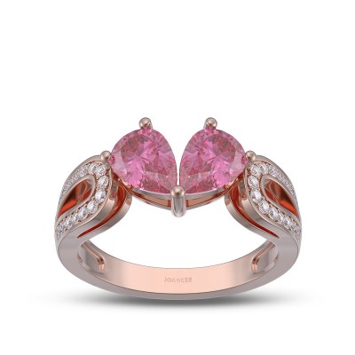 Rose Gold Pear Cut Pink Sapphire 925 Sterling Silver Heart Shape Promise Ring